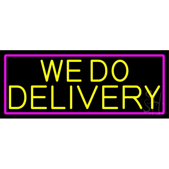 We Do Delivery With Pink Border LED Neon Sign 13 x 32 - inches, Black Square Cut Acrylic Backing, with Dimmer - Bright and Premium built indoor LED Neon Sign for restaurant window and interior decor.