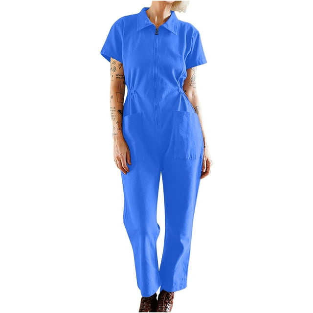 KIHOUT Jumpsuits for Women Solid Color Short Sleeve Lapel Zipper Loose Long Overalls Cargo Pants With Pockets