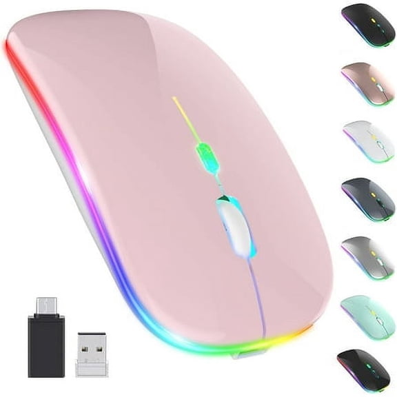 LED Wireless Mouse, Rechargeable Slim Silent Mouse 2.4G Portable Mobile Optical Office Mouse with USB & Type-c Receiver, 3 Adjustable DPI for Notebook, PC, Laptop, Computer, Desktop (Pink)