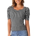 thumbnail image 1 of Blusa de trabajo de Houndstooth INSPIRE CHIC para mujeres, de manga corta, escote cuadrado, blusas casuales, color negro L, 1 of 1