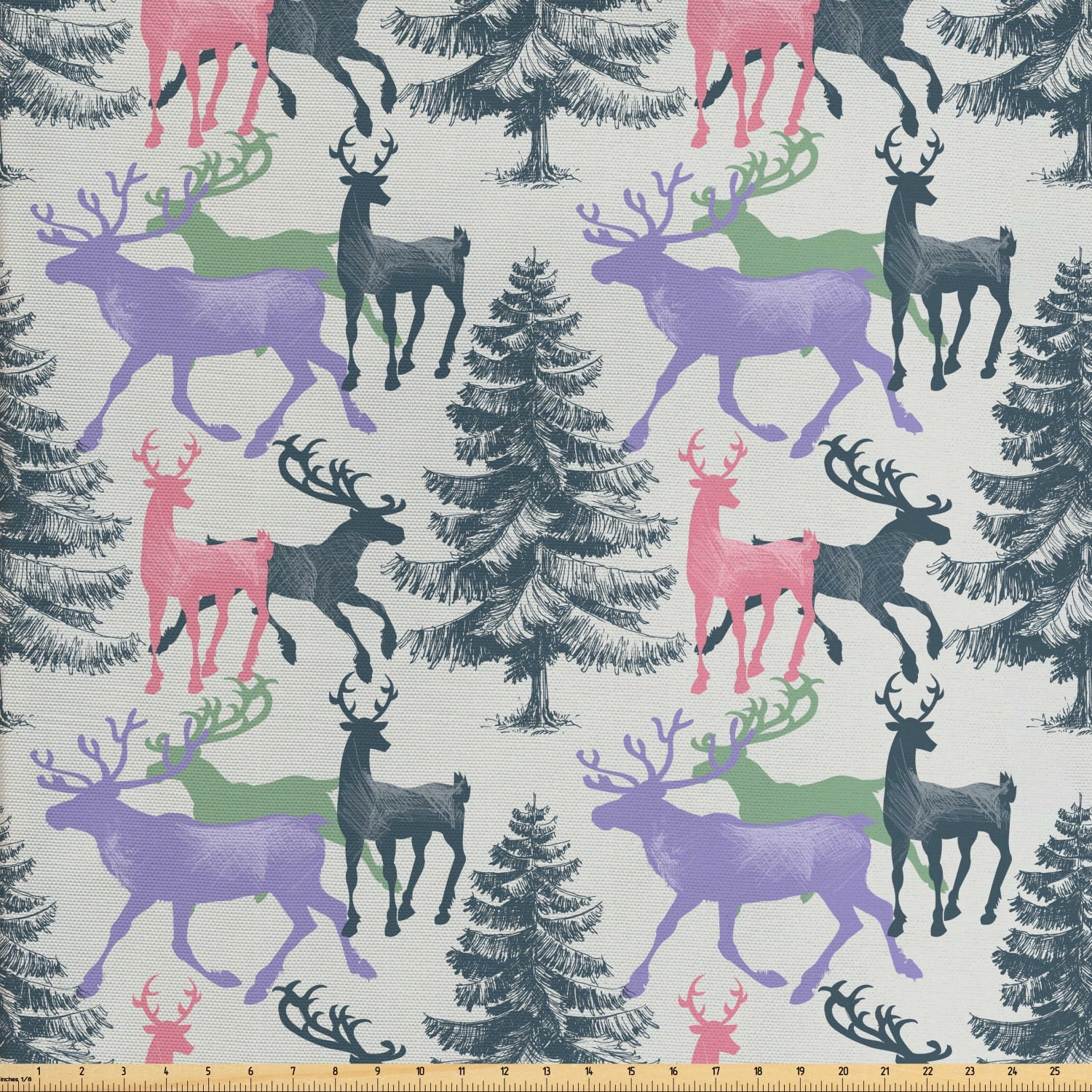 Deer Fabric by The Yard, Pine Trees with Animals Antlers Winter Season