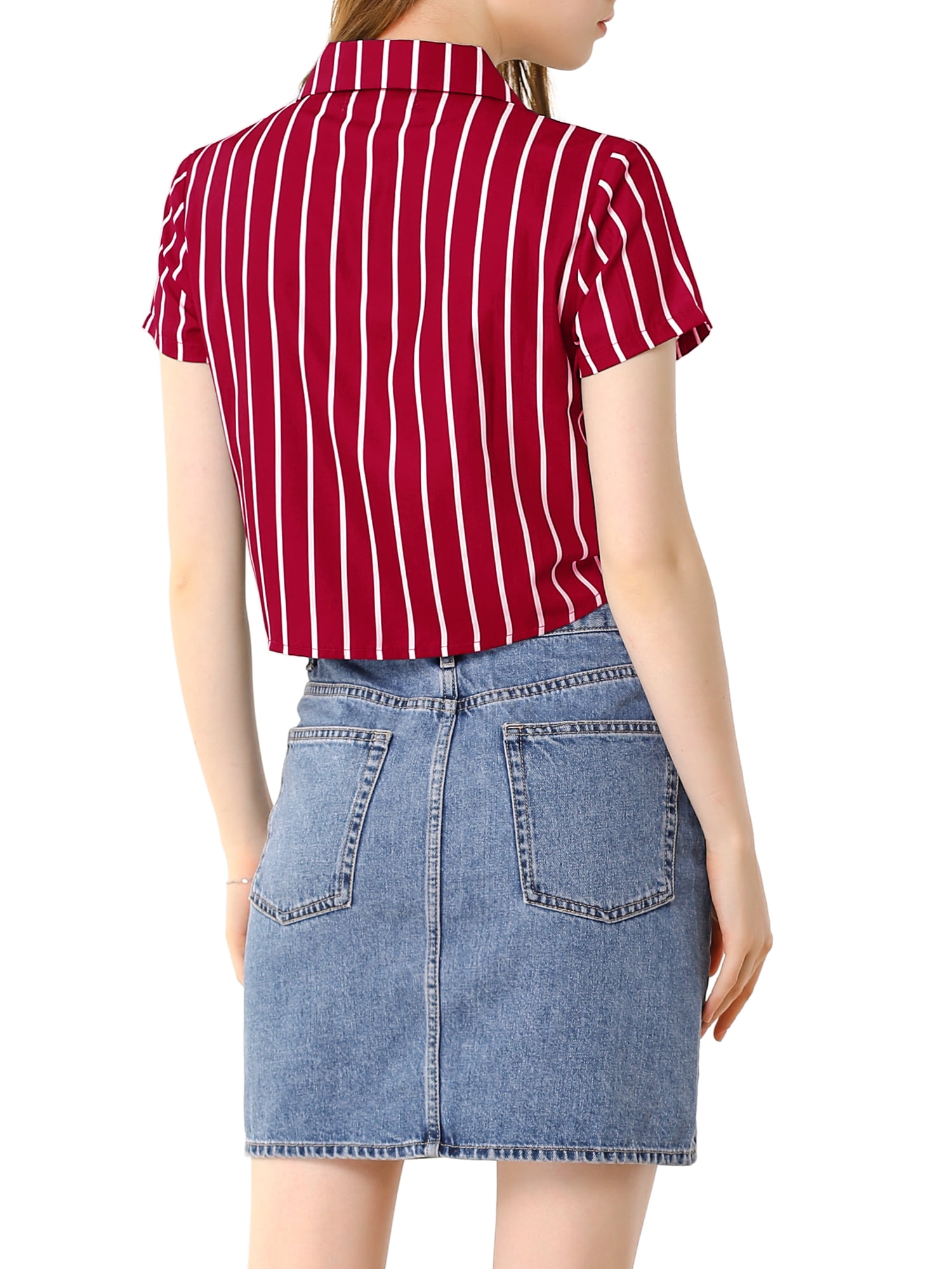 INSPIRE CHIC Women's Stripe Button up Short Sleeve Tie Front Short Shirts S Red