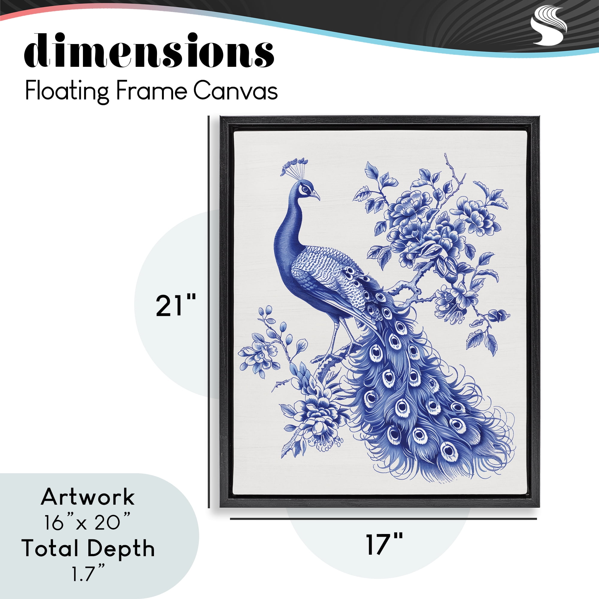 Vintage Peacock in Toile Style Black Framed Floater Canvas Wall Art, design by Lettered and Lined