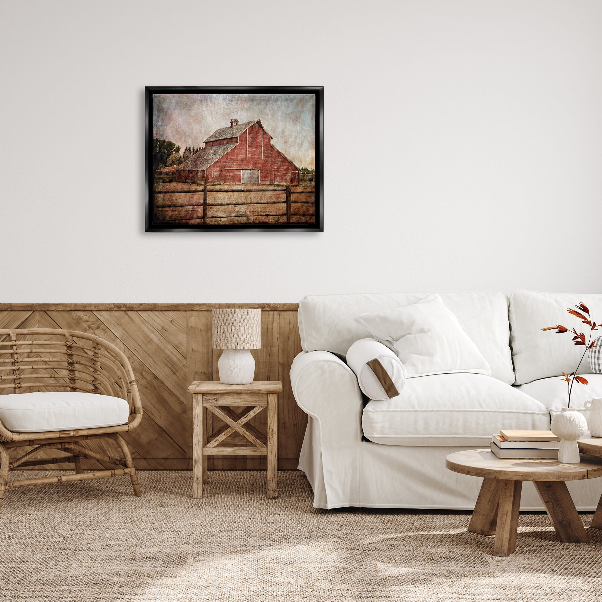 Stupell Industries Vintage Rustic Barn Landscape Painting Black Floater Framed Canvas Art Print Wall Art, 31 x 25