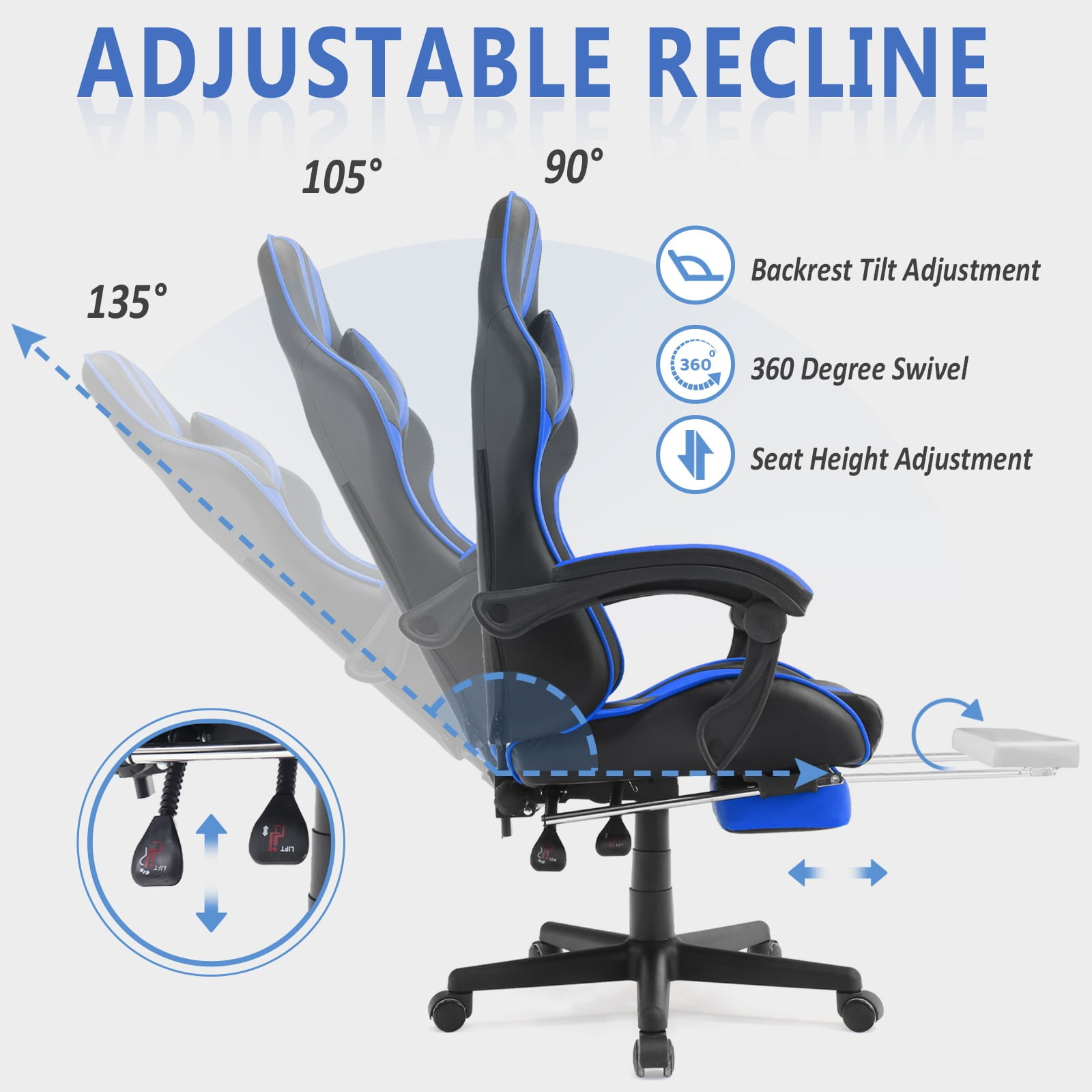 SOONTRANS Gaming Chair, Blue Gamer Chair with Footrest, Ergonomic Office Chair for Adult, Reclining Computer Chair with Massage Lumbar, Adjustable Game Chair