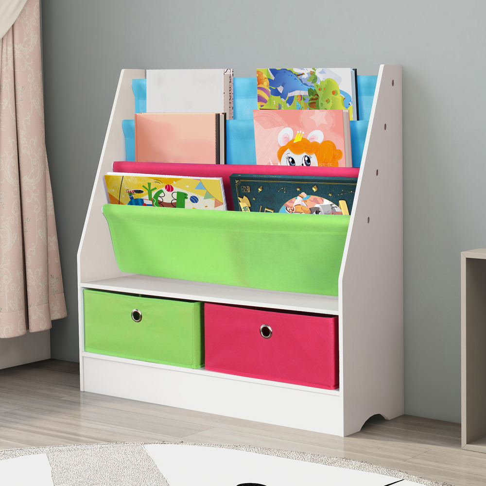 Kids Bookcase 3 Slings Book Shelf and 2 Storage Toys Boxes Children