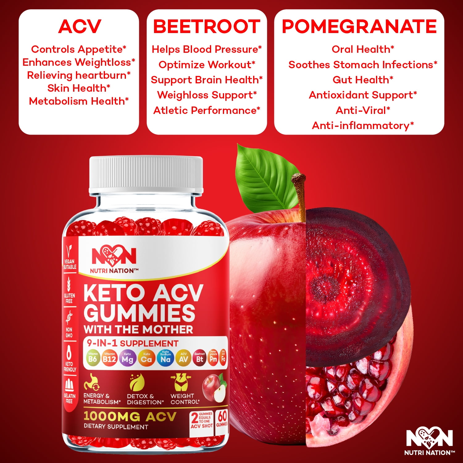 Nutri Nation Keto ACV Gummies, 1000mg, 3 Ketone Salts, 60 Count, 9-in-1 Supplement