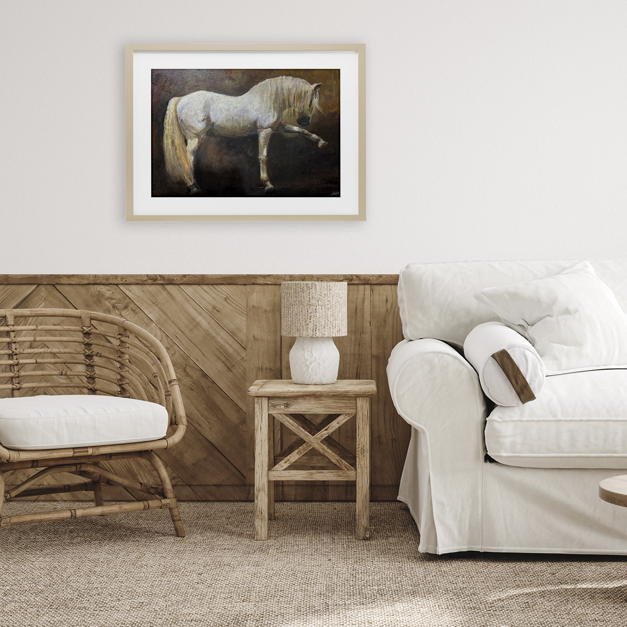 Stupell Industries Elegant White Stallion in Motion Birch Framed Print Under Glass, design by Hilary McCarthy
