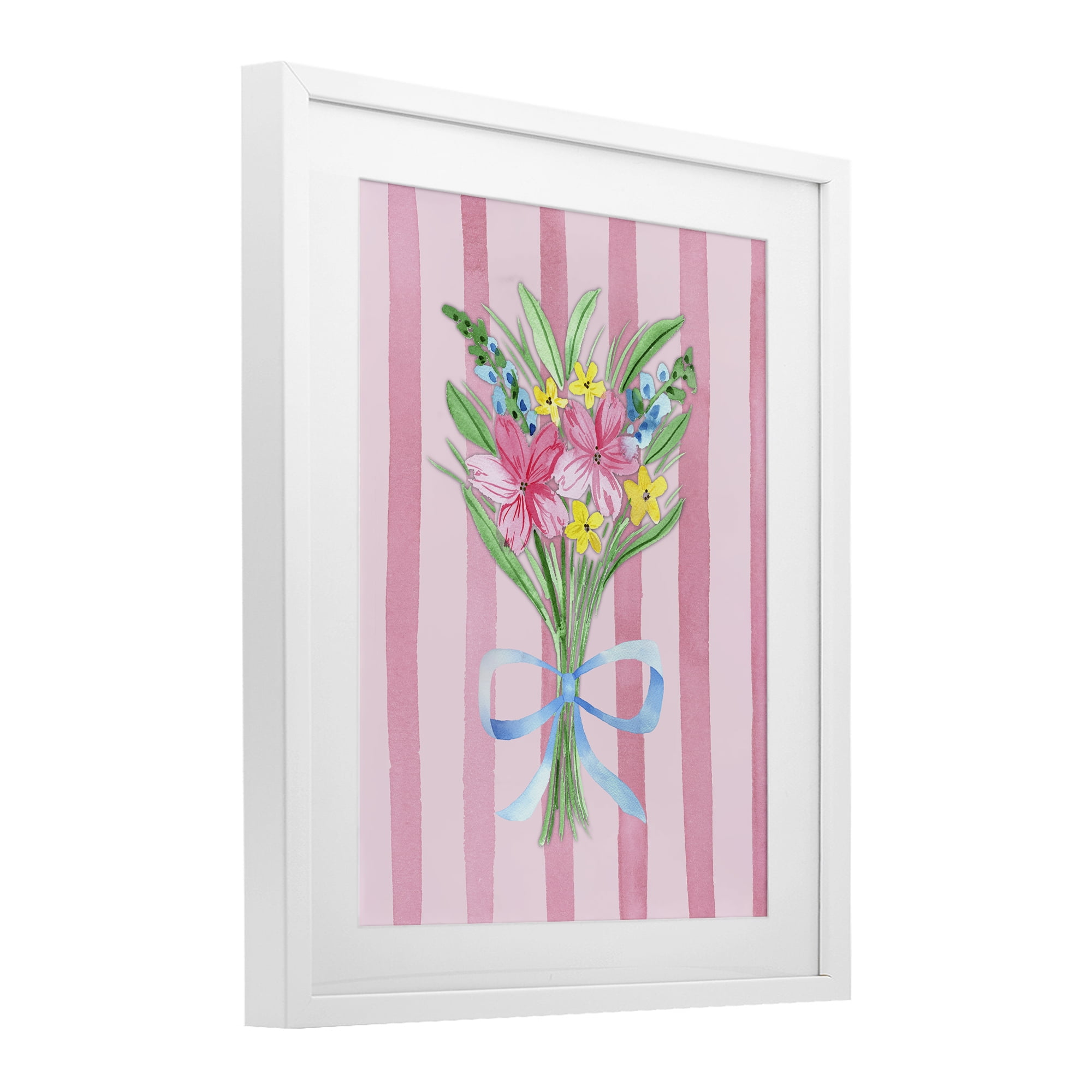 Spring Bouquet Pink & Blue White Framed Print Under Glass, design by Nina Jacobs