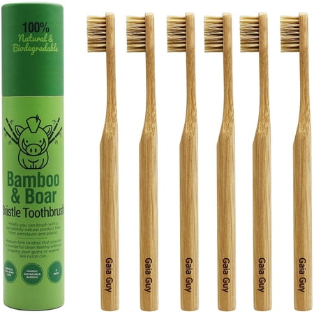 Gaia Guy Natural Bristle Bamboo Toothbrush - Totally Biodegradable And Planet-Based 6-Pack