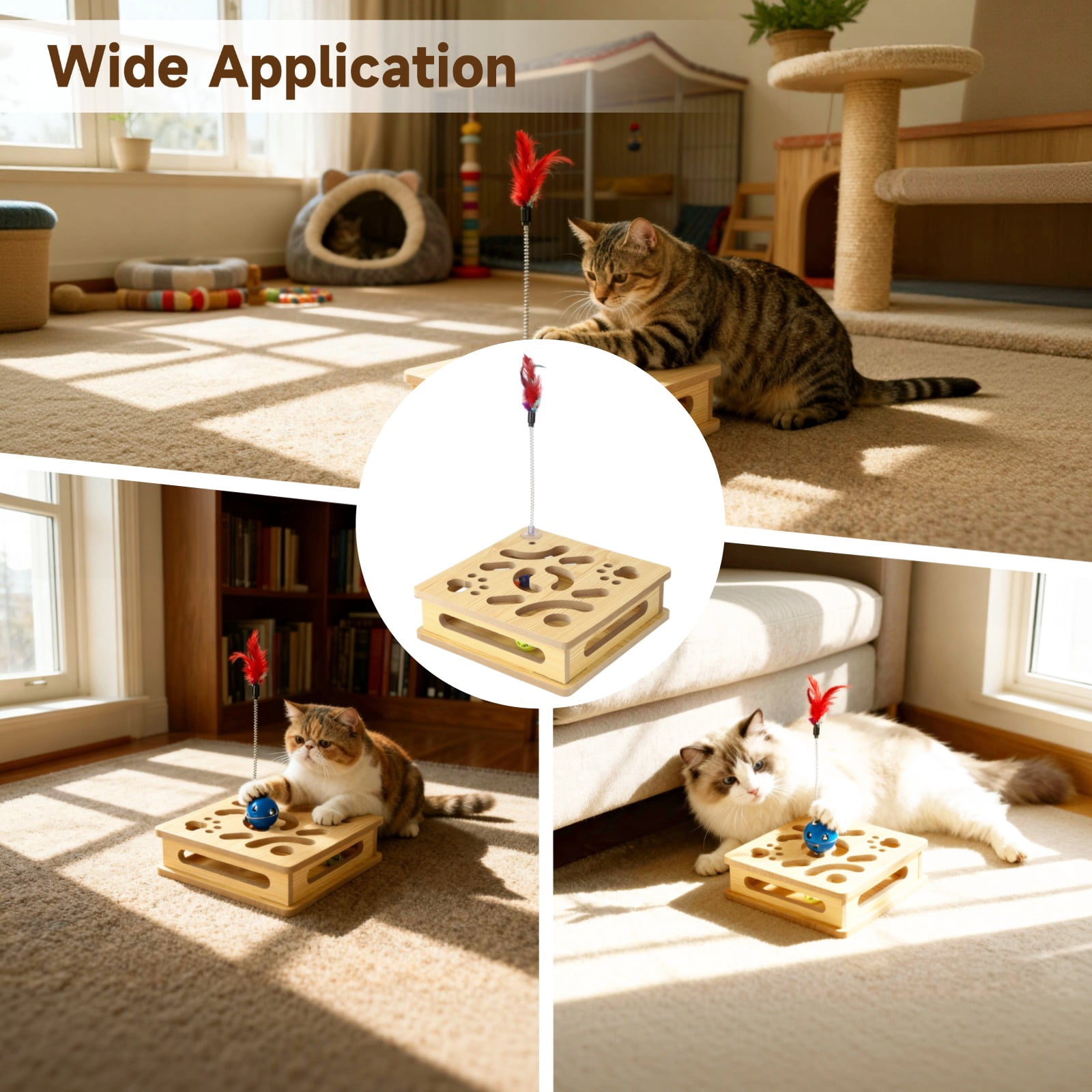 Interactive cat toy box, a wooden cat puzzle toy containing 3 bell balls and a feather wand, with a maze design to stimulate your cat's hunting instincts.