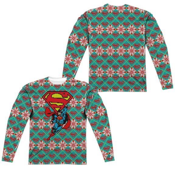 Superman Super Sweater (Front Back Print) ( Print) Mens Long Sleeve Sublimation Shirt (White, Medium)