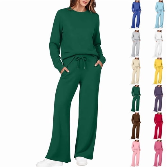 Women's 2 Piece Crewneck Lounge Set Matching Sweatsuits,Fall Lounge Sets for Women , Airport Travel Outfits, Comfy Athleisure Fall Winter Clothes ,Wide Leg Palazzo Pants Green,S