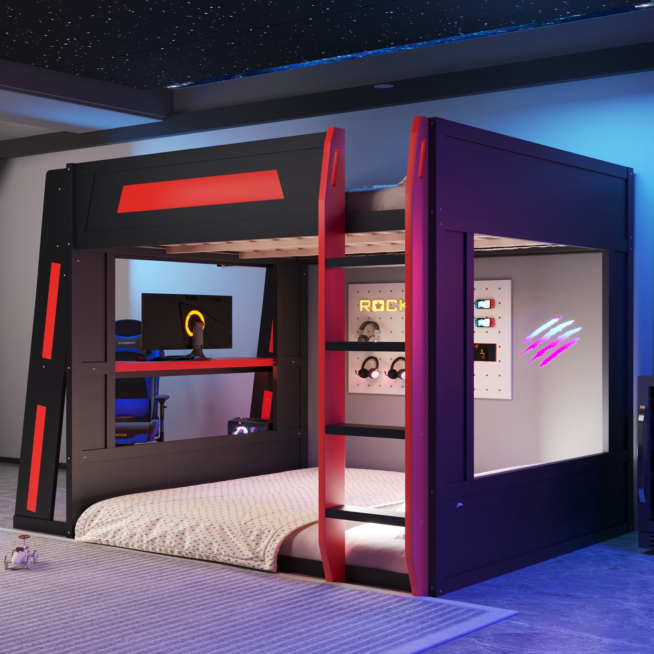 Noble House Nira Queen Gaming Bunk Bed with Desk and LED Lights, Wood Loft Bed with Charging Ports, Black and Red