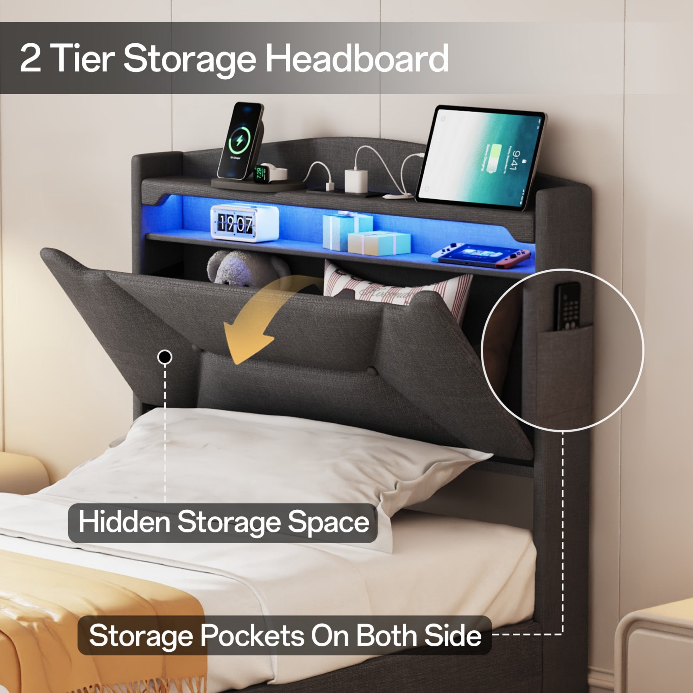 BSHTI Dark Gray Linen Twin Bed Headboard with LED Lights & USB Charging Station – Multi-Storage Upholstered Headboard with Open Shelves & Hidden Compartment – Easy Installation
