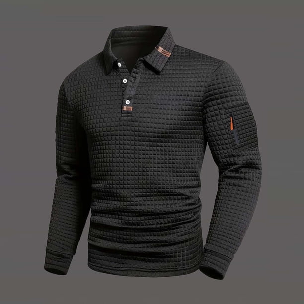 pstuiky Camisas de manga larga de invierno para hombre, Camiseta de manga larga con solapa y botones para hombre, color liso, con cuello cuadrado pequeño tops de invierno para hombre l