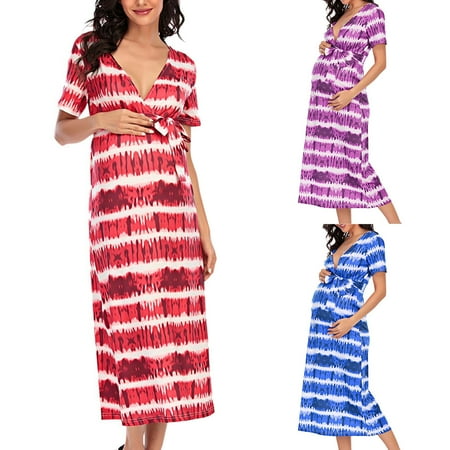 

Tejiojio Maternity/Labor/Nursing Clothing Clearance Plus Size Dress V-neck Short-sleeved Belt Printed Maternity Dress For Women