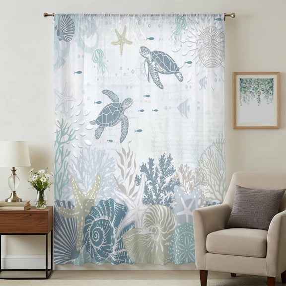 Sea Turtle Coastal Sheer Curtains 96" Long, Nautical Summer Beach Starfish Coral Shell Light Filering Curtains, Privacy Simi Drapes Floor to Veiling Curtain for Living Room Large Window Treatment