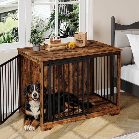 Dog Crate Furniture, 46.9" Heavy Duty Wooden Kennel with Barn Door & 2 Doors, for Large Dogs, Brown