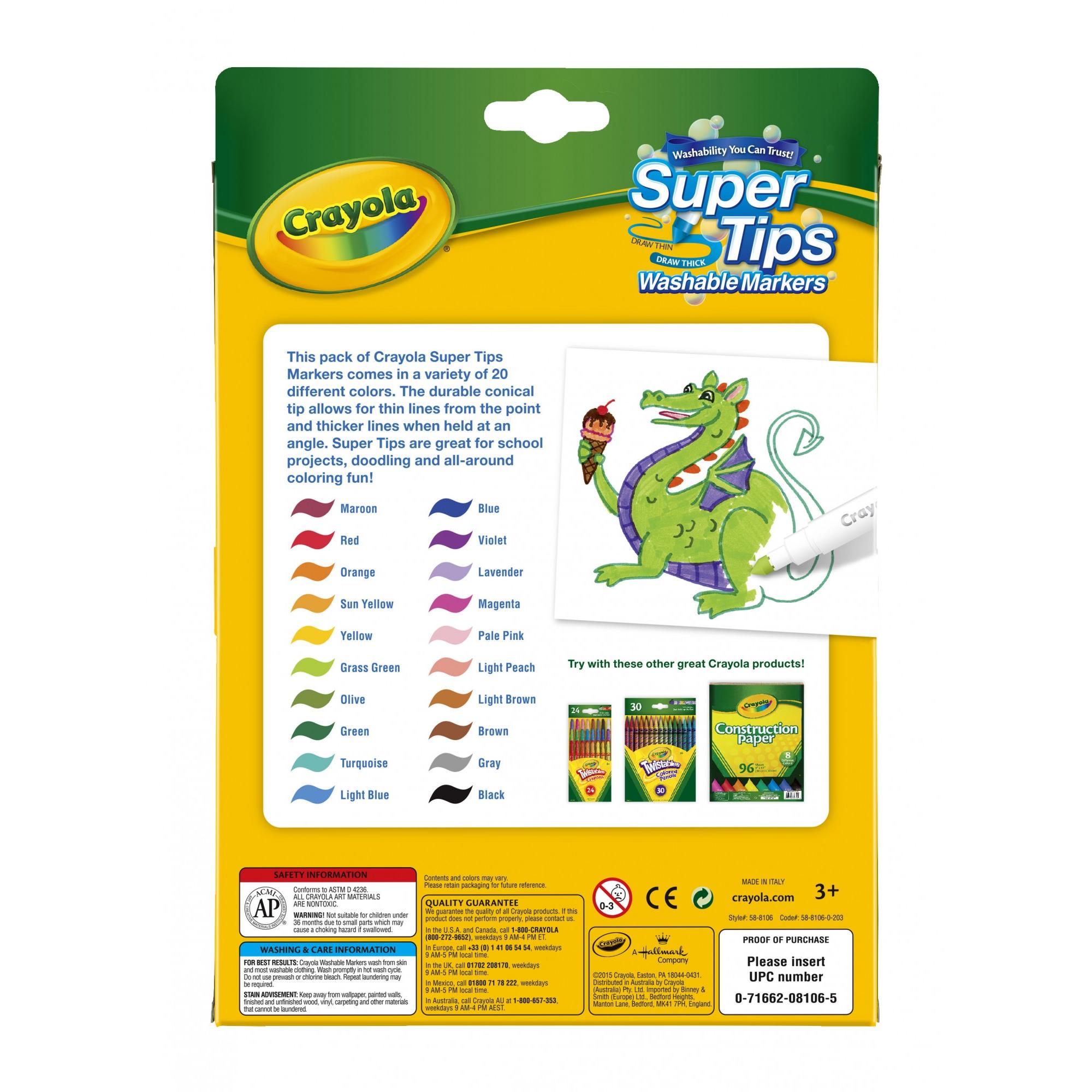 Marcadores lavables Crayola Super Tips para niños, 20 piezas, útiles escolares, esenciales para el aula, bullet journaling, regalo para niños, edades 3+ 2
