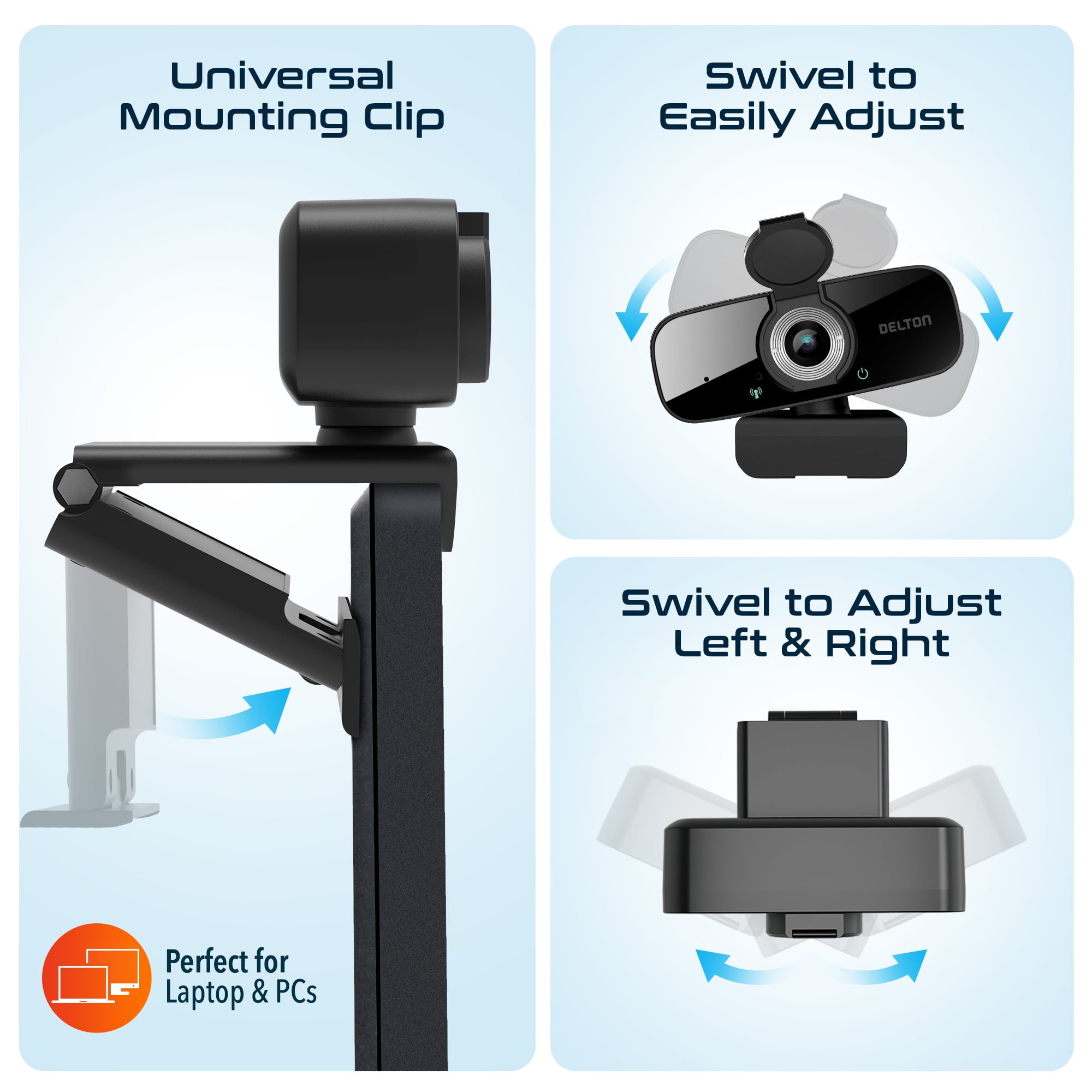 Delton C24 USB Webcam with Microphone, HD 1080p Wired Webcam, 2 Megapixels, Wide Field of View, Auto Focus, Noise Canceling Mic, USB Computer Camera Compatible with Computer/Laptop/iMac - Black