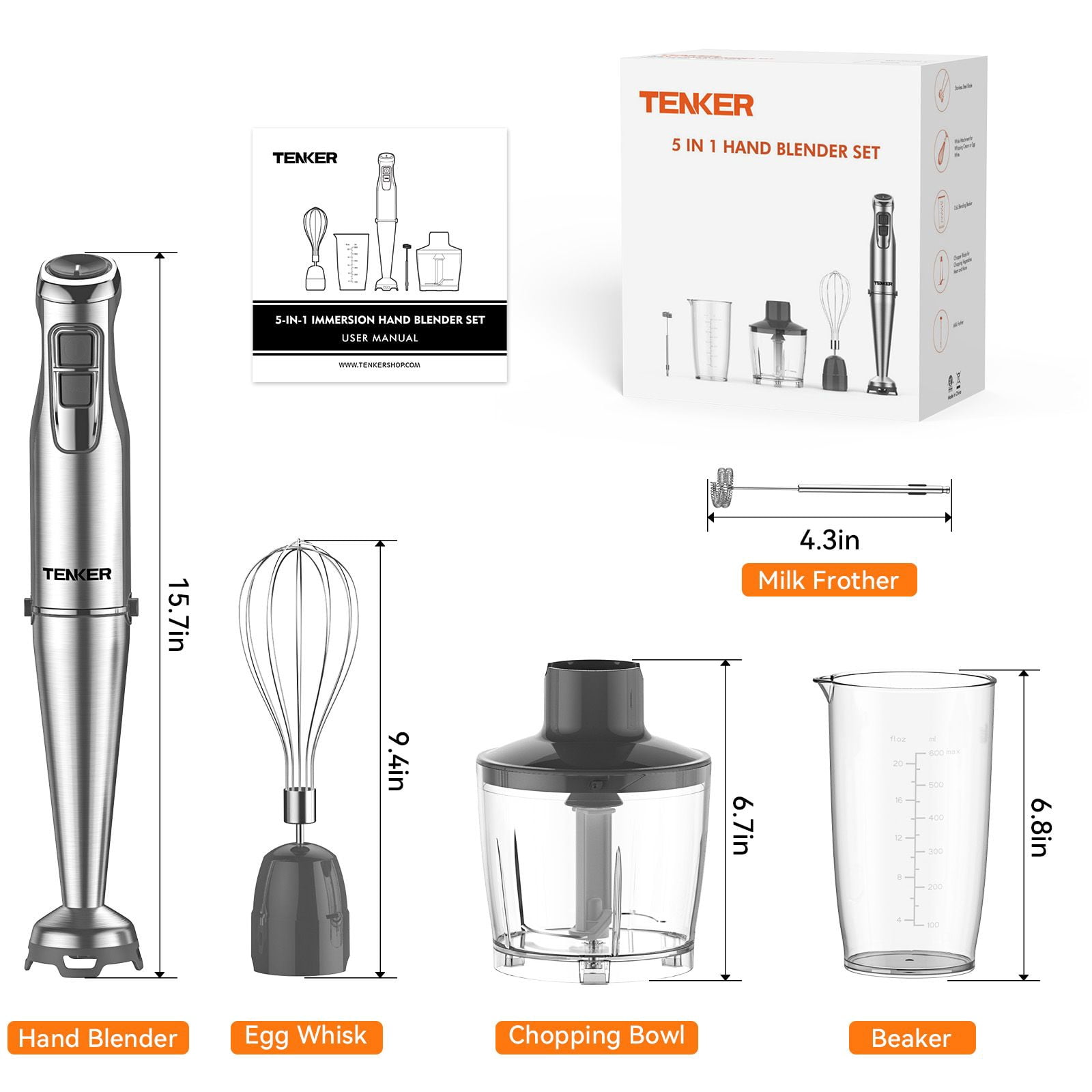 5-in-1 Immersion Hand Blender 1100W - 12 Speed + Turbo Stainless Steel Stick Blender with 600ml Beaker 500ml Chopper Whisk Milk Frother BPA-Free for Kitchen