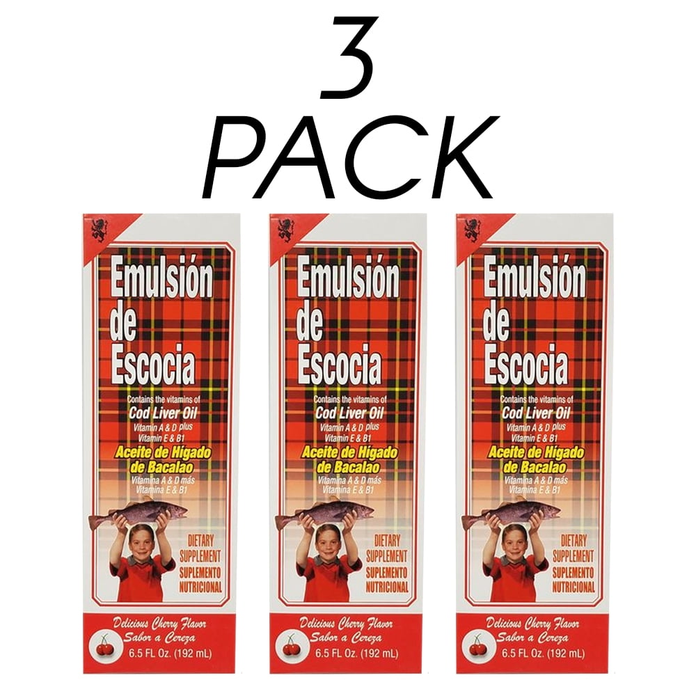 Emulsion De Escocia Cod Liver Oil Dietary Supplement. Rich in Vitamins A, D, E and B1. Cherry Flavoured. 6.5 fl oz. Pack of 3