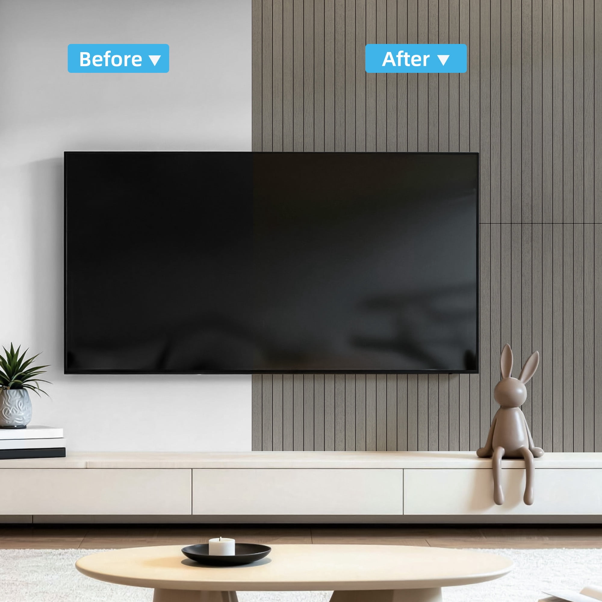 Yeslife 6-Pack Peel and Stick PVC Wood Slat Wall Panels, 48.03 in. x 15.75 in., Gray Washed Oak Finish, Thickened 3D Decorative Wall Panels for Living Room, Bedroom & Office