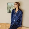 thumbnail image 5 of Maynos Women's Sexy Korean Style Striped Lapels Button Silk Satin Home Service Long Sleeve Solid Color Two-piece Pajamas Suit, M-5XL Dark Blue, 5 of 7
