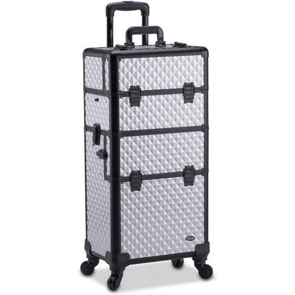 Professional Makeup Artist 2 in 1 Rolling Makeup Train Case Cosmetic Organizer with Easy Slide Extendable Storage Trays and Removable Trays