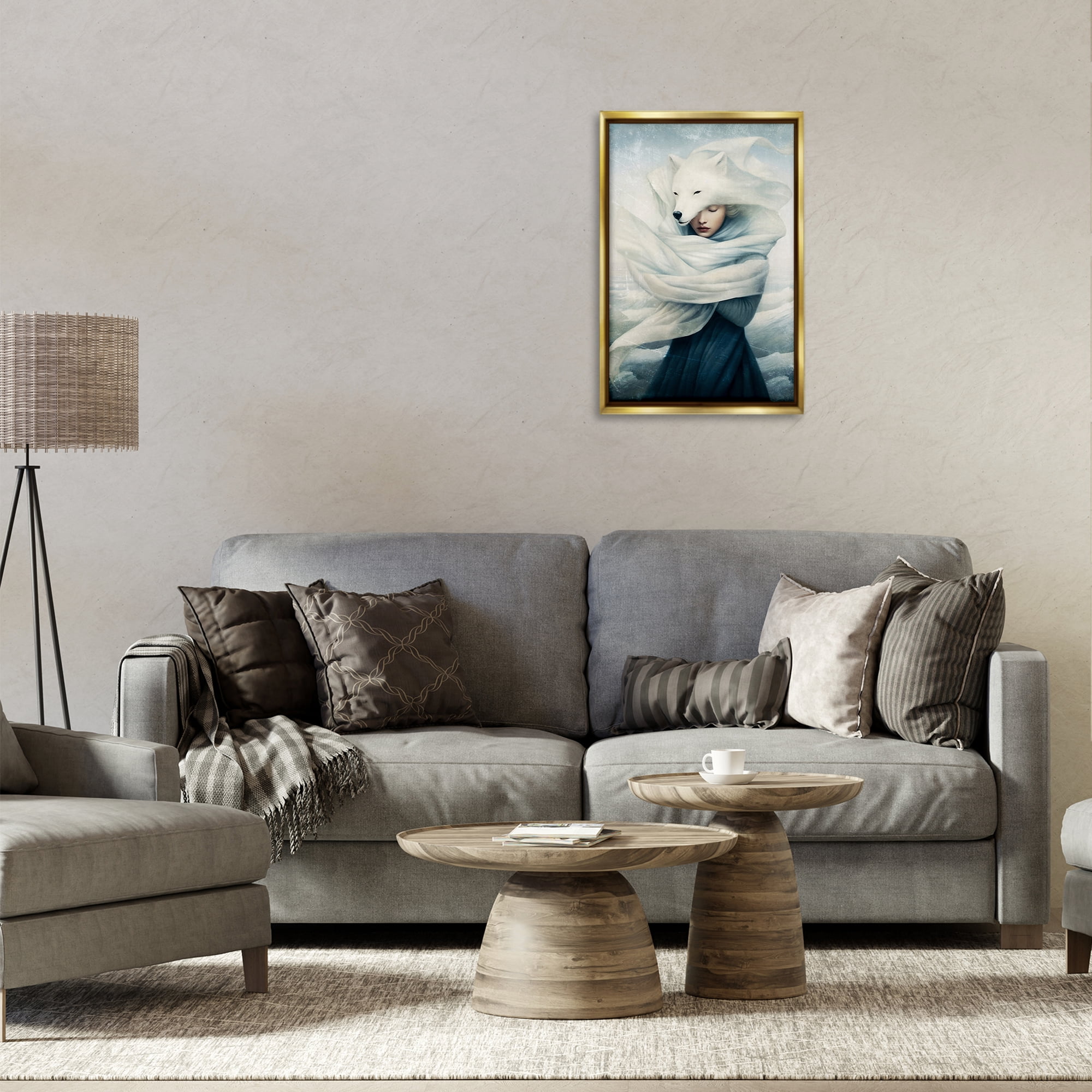 Stupell Industries Wolf Swathed Woman People Painting Gold Floater Framed Canvas Art Print Wall Art, 17 x 25