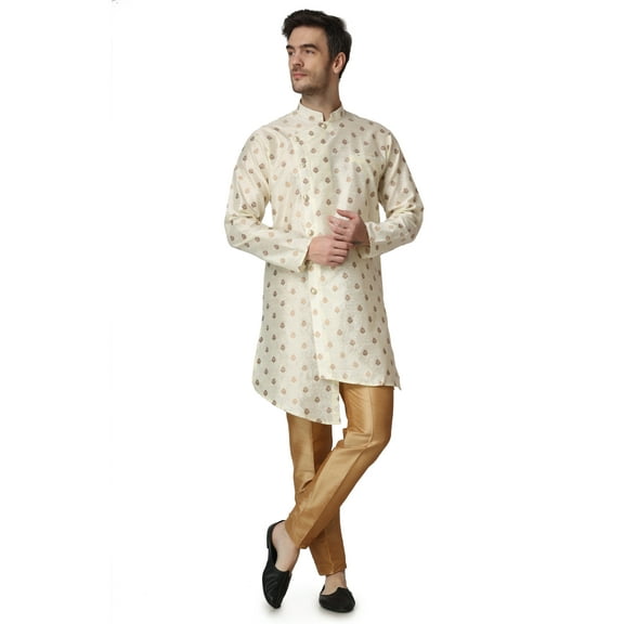 Royal Kurta Men's Jacquard Silk Printed Achkan Side Cut Kurta Set