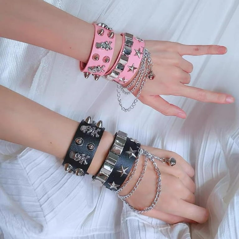 Leather Bracelet Combo Metal Star & Spike Inlay Grunge Leather Bracelet Combo Metal Star & Spike Inlay Grunge