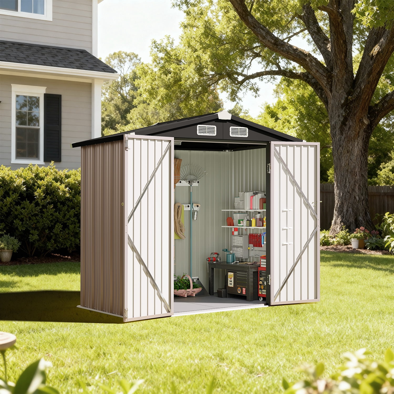 BaPiPro 6x4FT Brown Metal Storage Shed with Solid Floor, Gable Roof & Double Doors