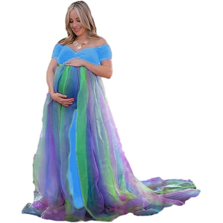 Off-Shoulder Rainbow Tulle Maternity Photoshoot Dress