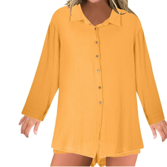 Lmnyox Women's Cotton 2 Piece Outfits Casual Long Sleeve Button Down Shirts and Short Pants Lounge Sets