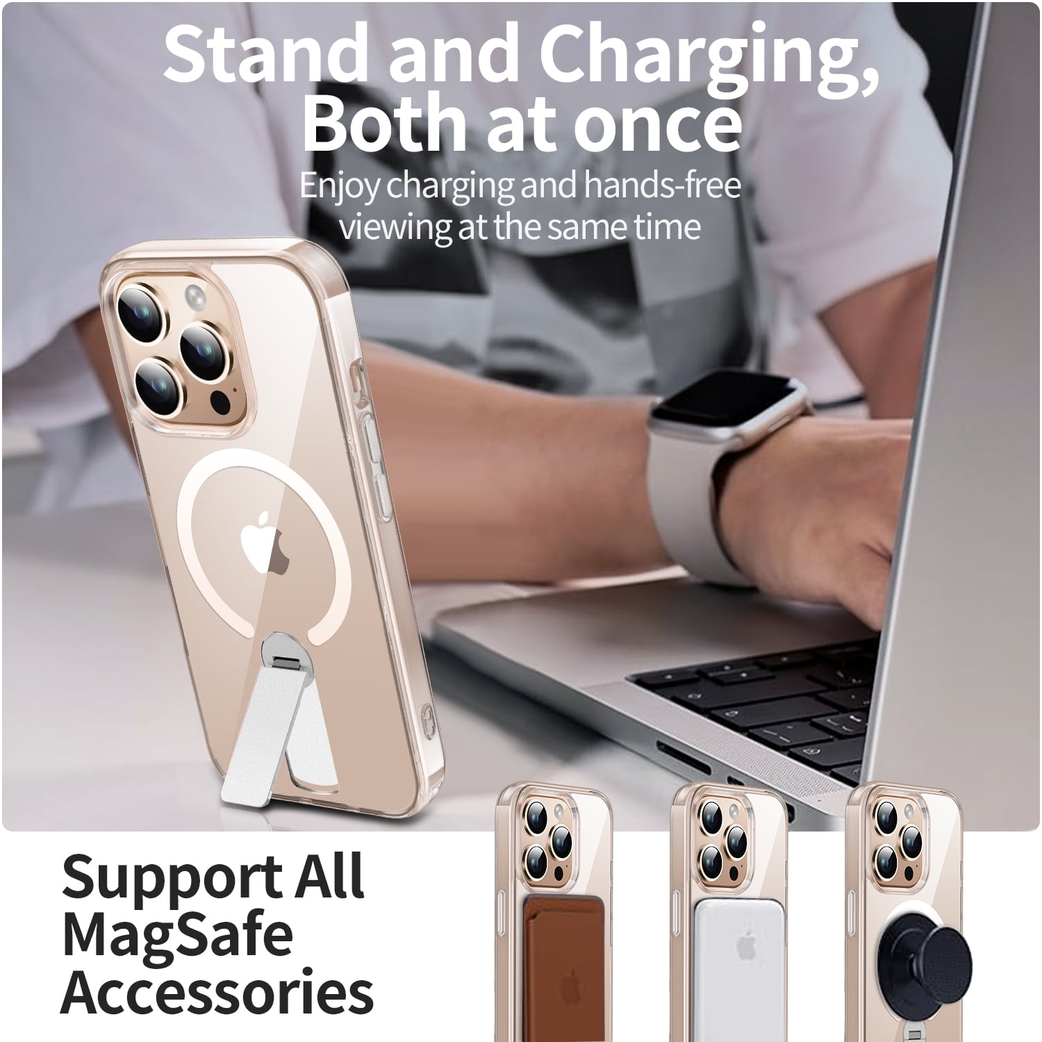 JETeacka Magnetic for iPhone 14 Pro Max Case Upgraded 360° Rotatable Invisible Kickstand Compatible with Mag-Safe Military Drop Protection Shockproof Non-Yellowing Clear Gold