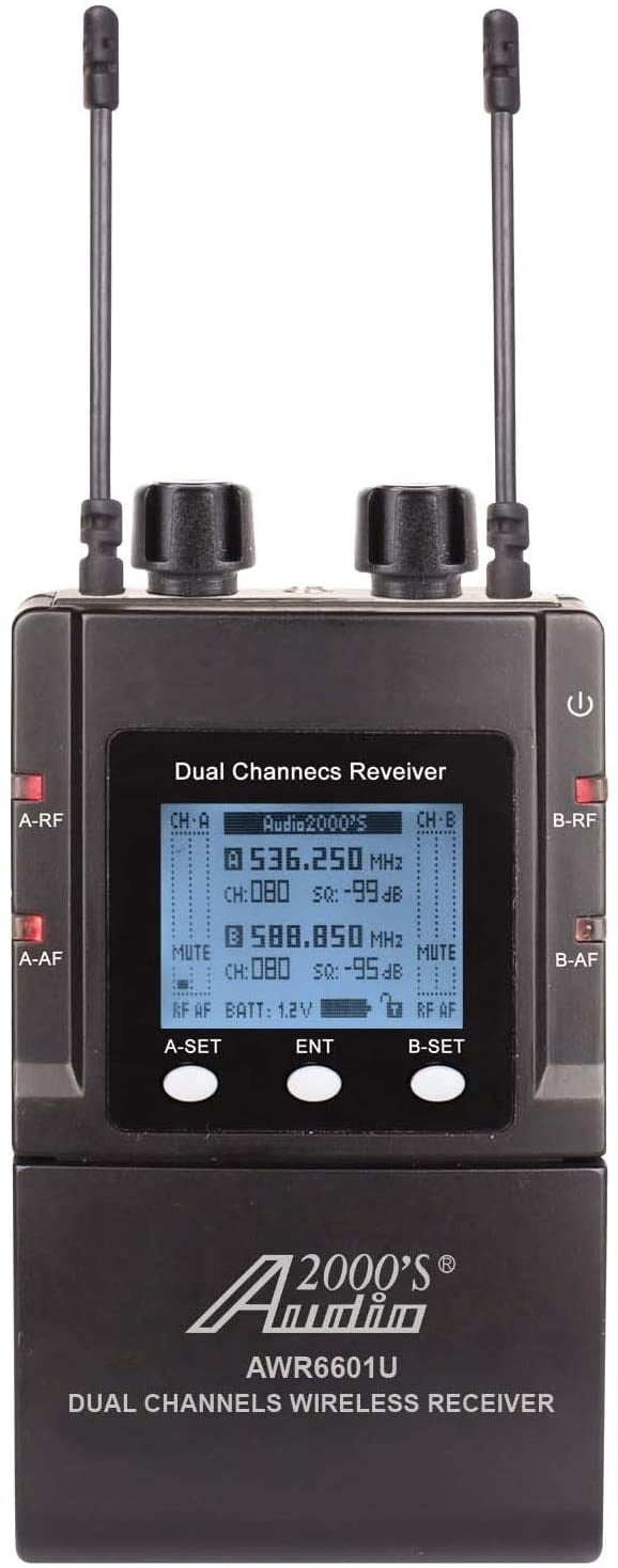 Audio2000'S AWM6601U Mobile Dual Headset Mic/Lapel Mic/Guitar Line Wireless System for Reporter, DSLR Camera, YouTube, Podcast, Video Recording, Vlogging, Interview, Live Sound, Guitar, Teach, Tour