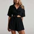 thumbnail image 4 of Womens Casual 2 Piece Outfits Cotton Linen Sets Button Down Shirt Shorts 2025 Beach Coverup Set Black L, 4 of 7