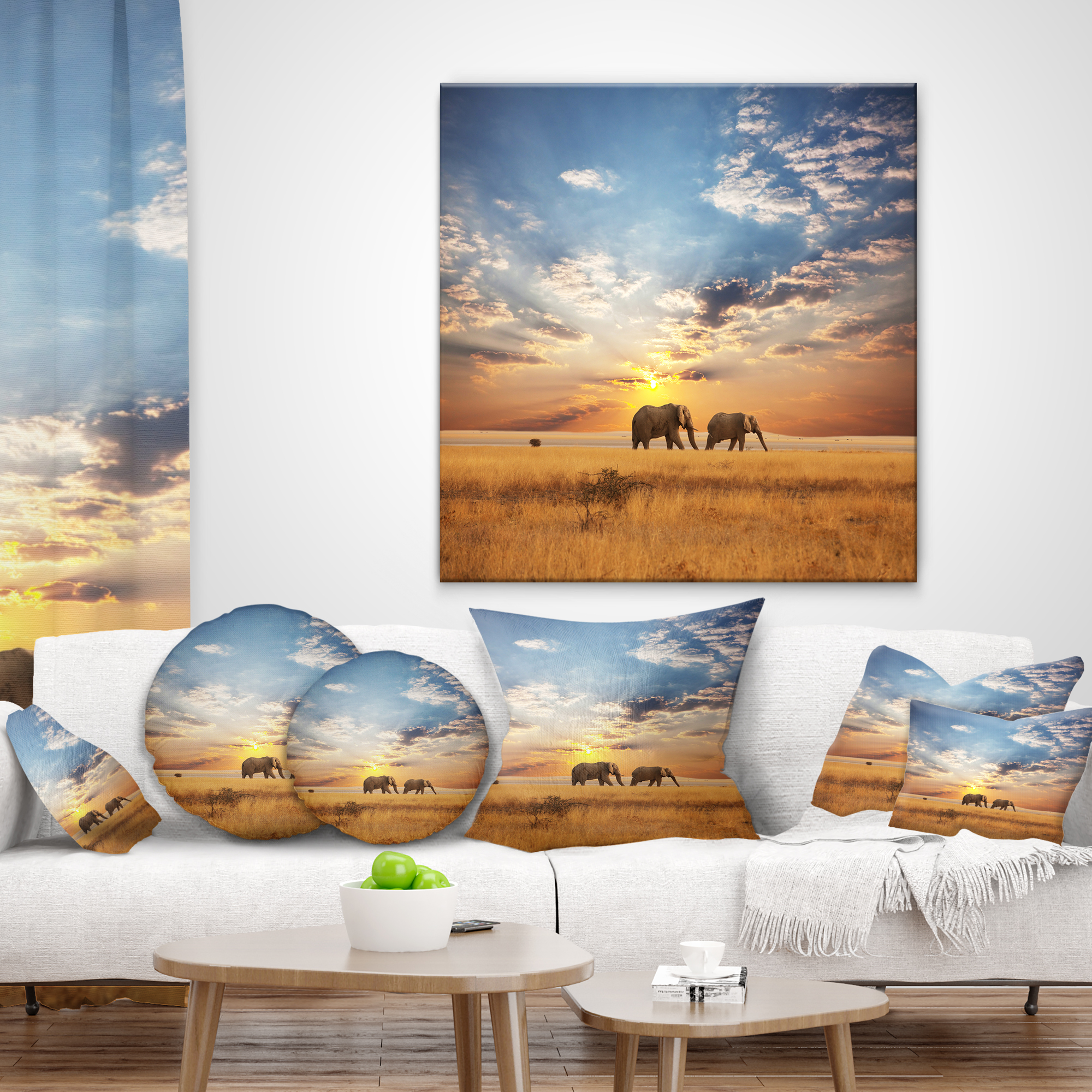 Designart Elephants Walking Along River Bank - Animal Throw Pillow - 16x16