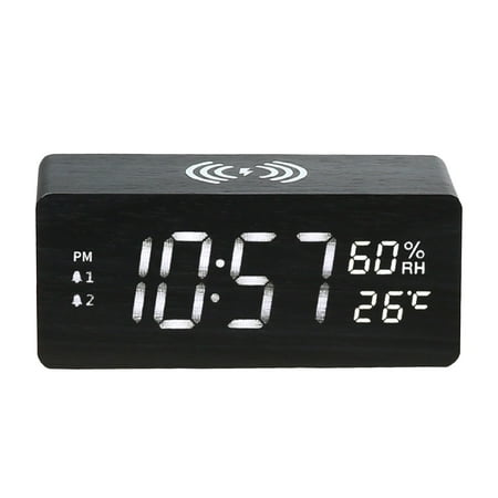 Kumdkd 15W Fast Wireless Charging Clock, Wooden Digital Clock with Temperature Humidity Display, LED Night Light, Smart Alarm, Auto-Dim, Qi Charger for Bedroom Desk - USB Powered
