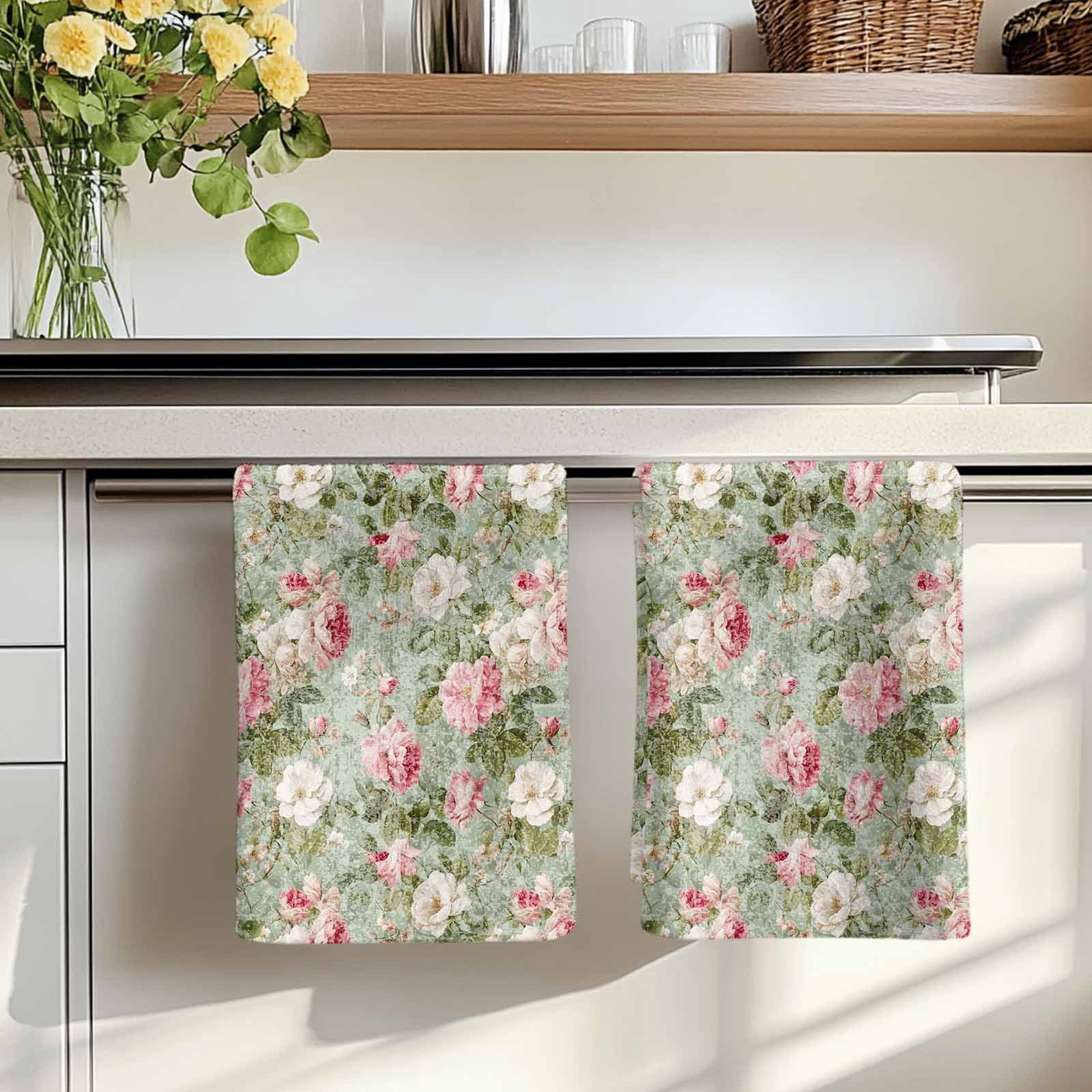 Dish Towels, Pink Bloom Flowers Absorbent Kitchen Towels 2 PCS, Retro Spring Floral Microfiber Hand Towels Dish Cloths Tea Towels for Home&nbsp;Bathroom Cleaning Drying,18X28-Inch,
