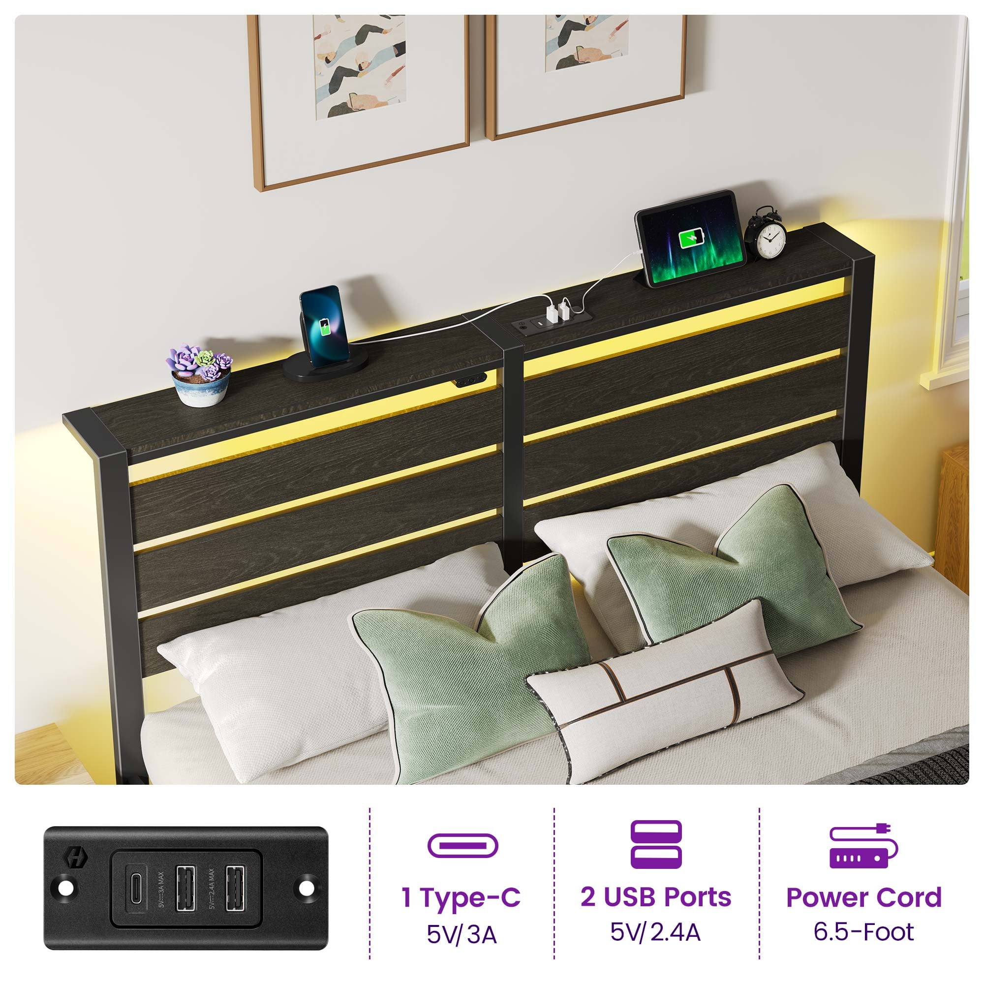 Greenstell Queen Size Bed Frame with Storage Headboard,Wood Platform Bed with LED Lights & USB Charging Station,Double Bed Frame with Metal Slats,No Box Spring Needed, Black