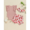 thumbnail image 4 of Nygoyerh Baby Girls Summer 3Pcs Outfits Fly Sleeve Letter Print Romper + Cute Fruits Print Shorts + Bow Headband 3M 6M 9M 12M 18M Newborn Infant Casual Shorts Sets, 4 of 9