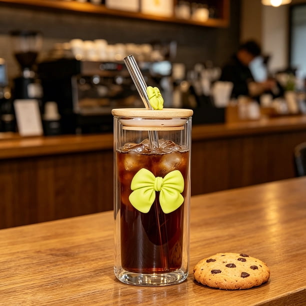 Vaso de agua de vidrio con tapa y pajita | Vaso con decoración de mariposa desmontable | Vaso reutilizable para café y bebidas frías