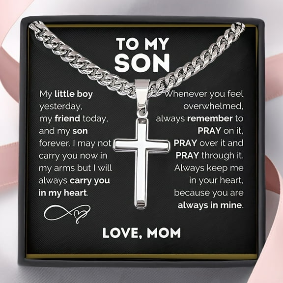 1pc "To My Son" Cross Pendant Necklace, Stainless Steel Cuban Chain Jewelry, Birthday Gift Valentine's Day Gift, Christmas Gift, With Card And Gift Box Packaging,Silvery