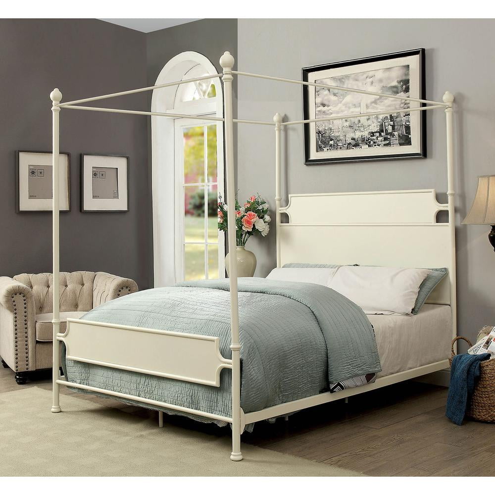 Transitional Metal Eastern King Bed With Canopy, White