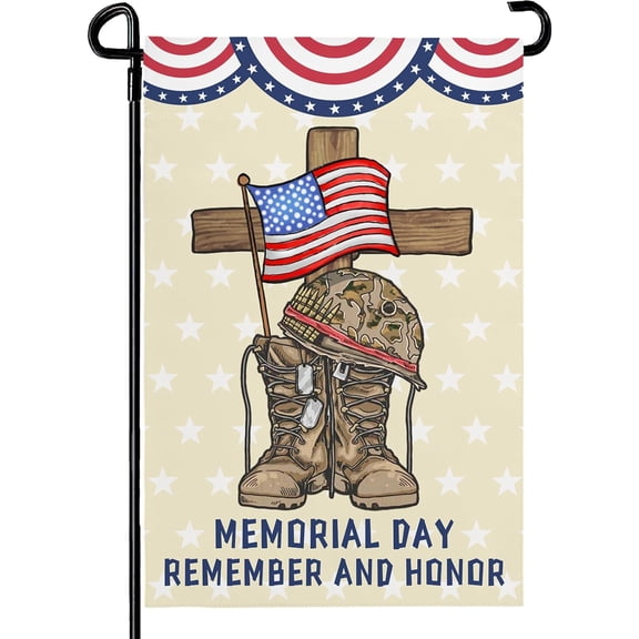 Patriotic Memorial Day Garden Flag Burlap Double Sided Yard Banner Remember and Honor Boots Design Outdoor Decoration 12 x 18 Inch