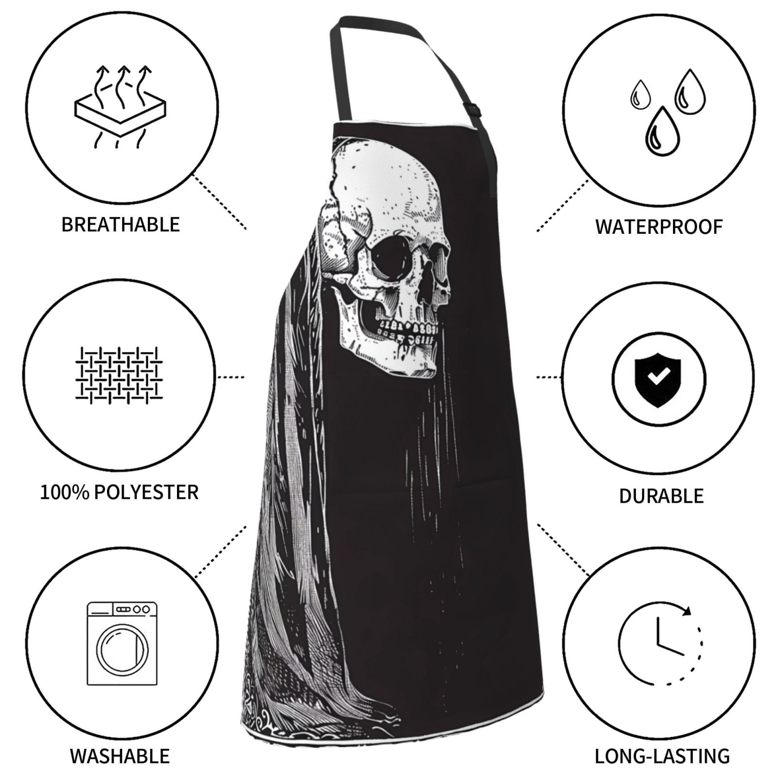 Kdxio Gothic Skull Drape Apron with Pockets Adjustable Kitchen Aprons for Men Women Waterproof Aprons for Cooking,Drawing,Crafting, Baking Household Cleaning