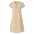 thumbnail image 6 of Qiopertar Linen Dress for Women Summer Casual V-Neck Short Sleeve Solid Knee-Length Pullover Loose Comfy Fashion Beach Travel Boho Dress, Khaki L, 6 of 7